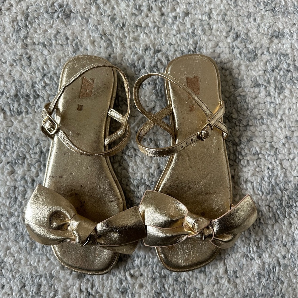 Zara Gold Sandals with Bow and Ankle Straps